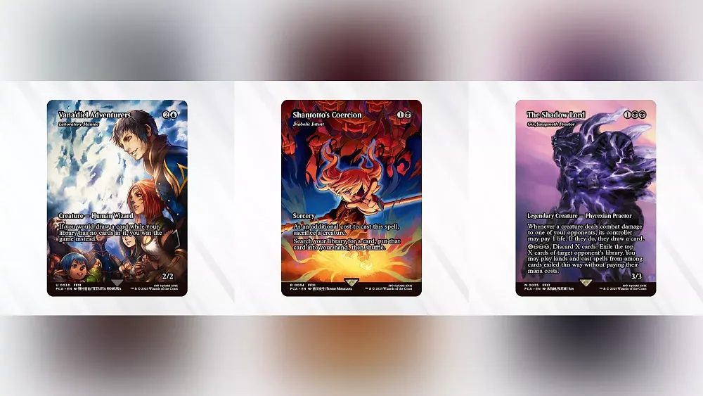 Three Magic: The Gathering styled cards featuring different NPCs from Final Fantasy 11.