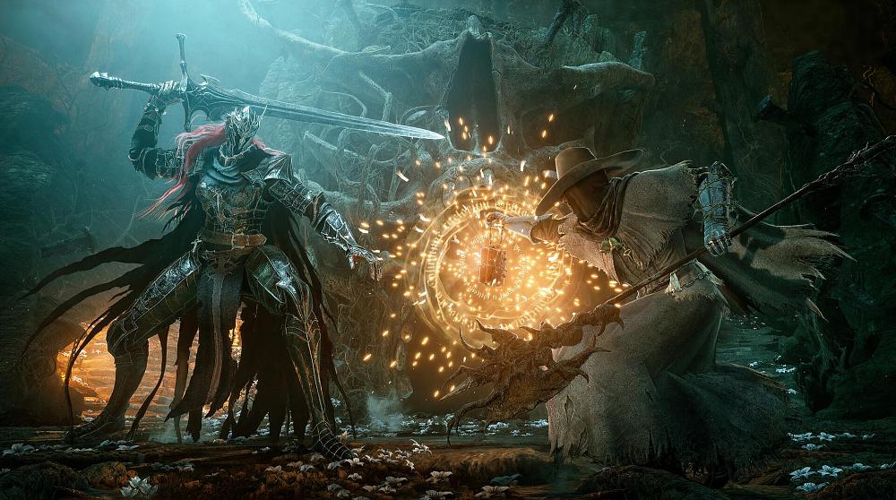 A wizard fighting a knight.