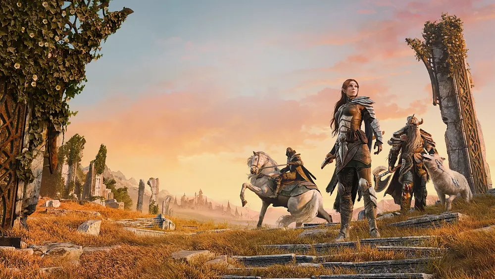Three heroes, one on a horse, one standing, and one petting a dog. They are standing amongst old ruins that have been overrun with golden grass.