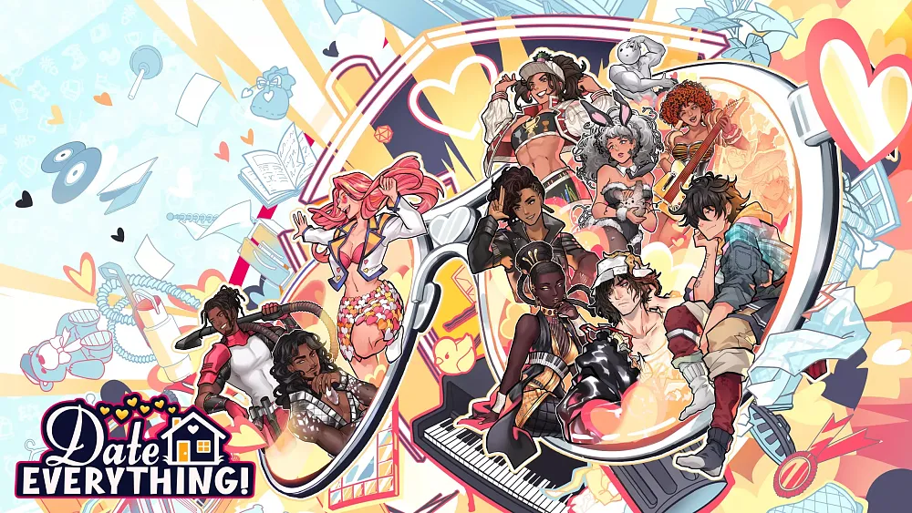 Key art showing the title in the bottom left, Date Everything!, and a huge variety of drawn characters that represent humanized forms of numerous different inanimate objects that you can date.