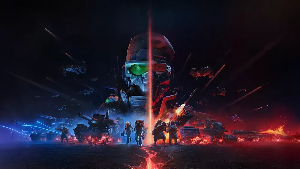 Key art visual for Tempest Rising showing a blue tinged army on one said and a red tinged army on the other half. In the middle is a is a split soldier showing one faction on one half and another faction on the other side of his face.