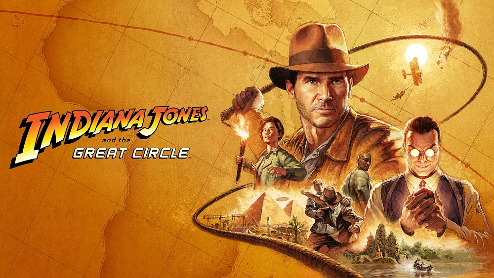 Key art for Indiana Jones and the Great Circle showing a collage of characters from the game on the right and the title off to the left.