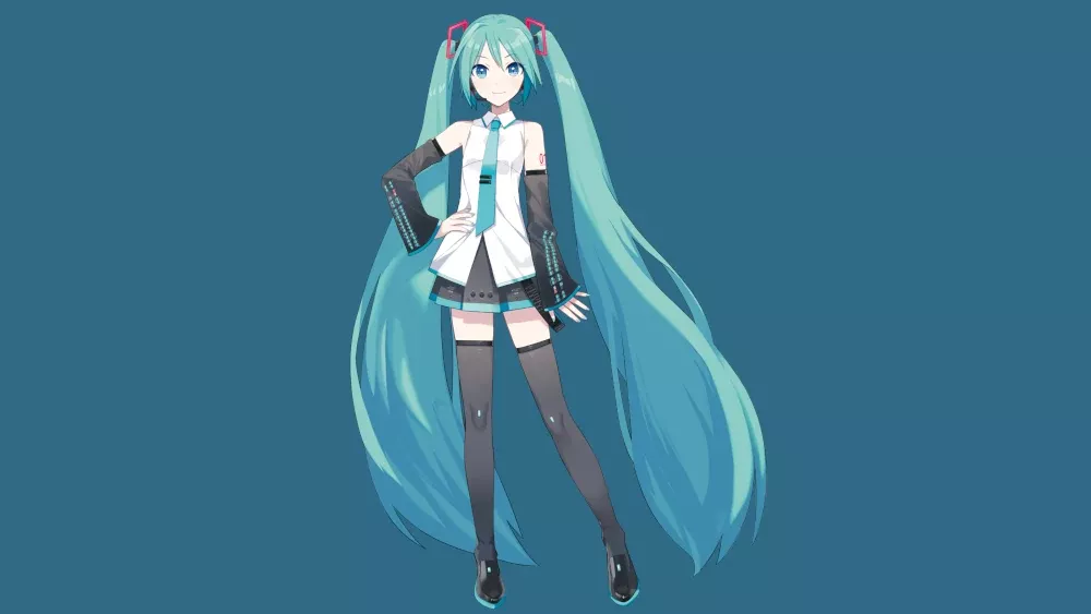 A virtual teen anime popstar with long blue hair.