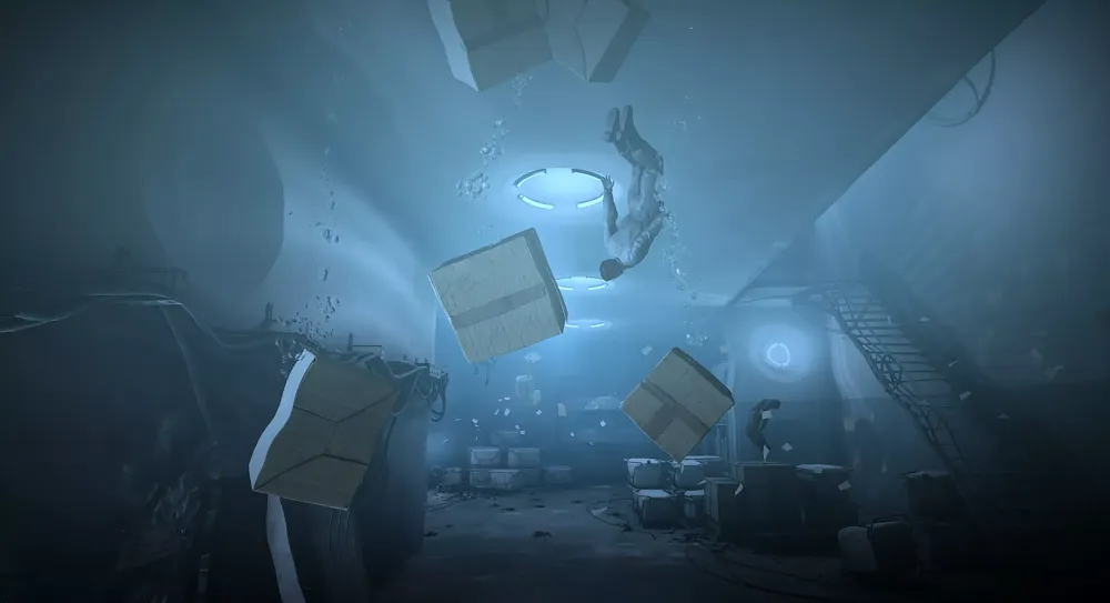 A flooded room with floating bodies.
