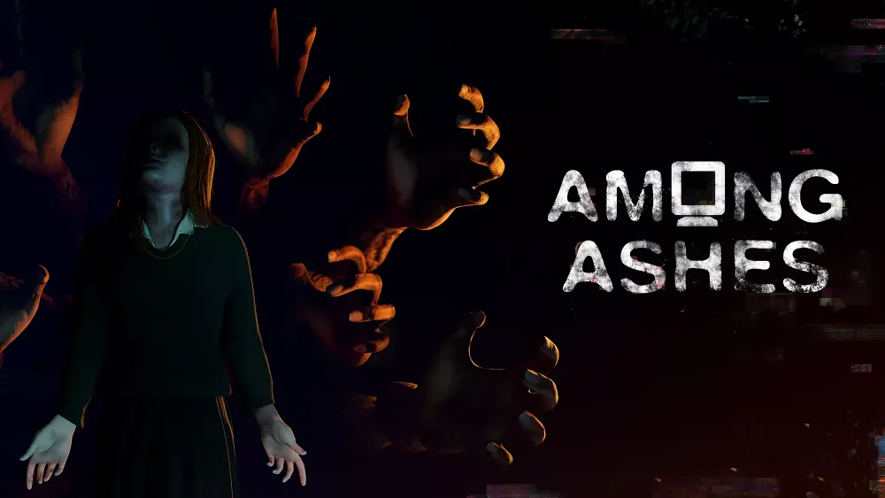 Text: Among Ashes. Image: A polygonal girl with a multitude of hands reaching towards her from a dark background.