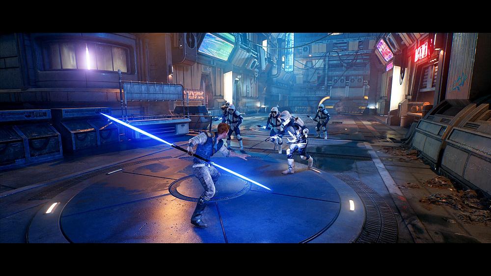 A jedi taking on a group of enemies.