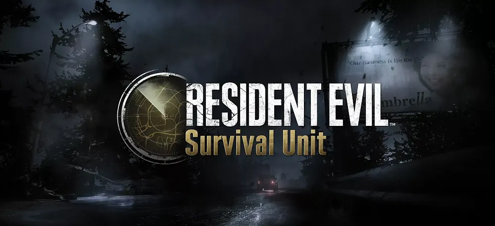 Key art showing the simple logo for Resident Evil Survival Unit overlayed on an image of a jeep driving along a road through a small forest with a billboard ad for Umbrella on the right side of the road.