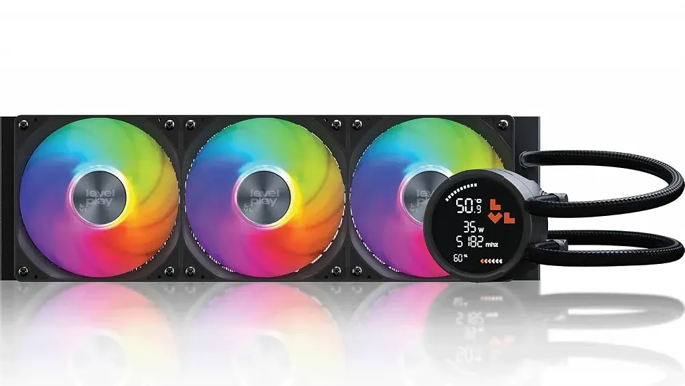 An image of a liquid all-in-one CPU cooler from LevelPlay. There is RGB lighting and a digital display on the CPU cooler cap.