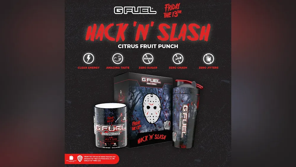 Special G FUEL combo box with a Friday the 13th themed box, Shaker Cup, and G FUEL powder tub.