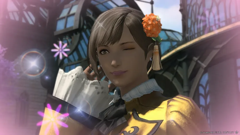 Screenshot from Final Fantasy 14 showing a character with floating flowers and lights around them.