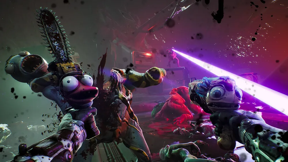 Screenshot showing an enemy being attacked by weapons with faces, with lots of blood.