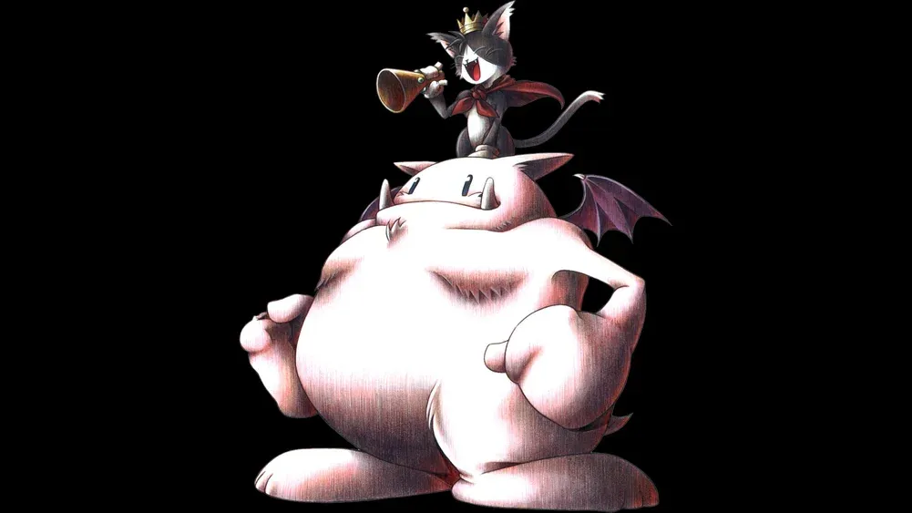 Artwork of a cat riding atop a fat dragon-like puffy creature.