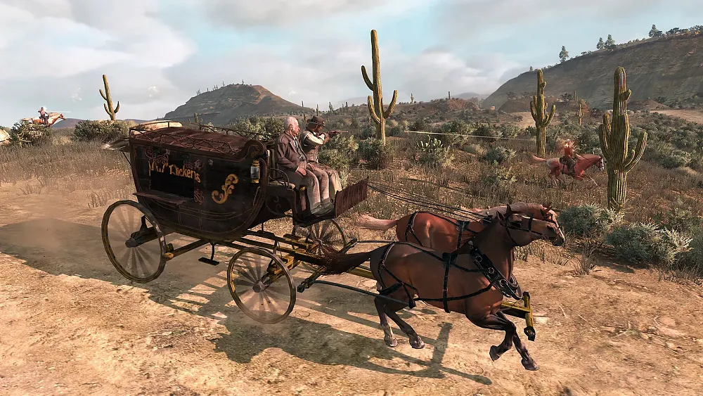 Two people on a stage coach having a shootout with someone on a horse.