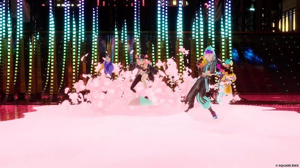 Characters blasting bubbly foam all over an arena.