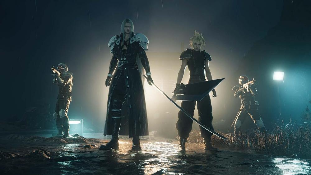 Image showing Cloud, Sephiroth, and two soldiers from Final Fantasy 7 Rebirth.