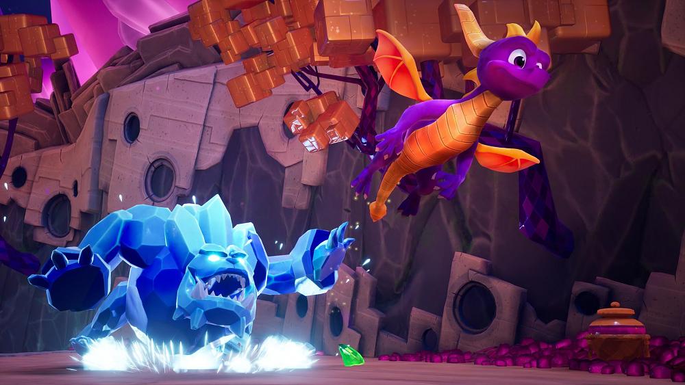 Spyro the Dragon flying away from a frosty enemy.