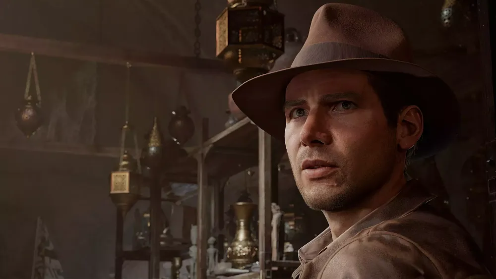 Screenshot from Indiana Jones and the Great Circle showing a closeup of Indiana Jones.