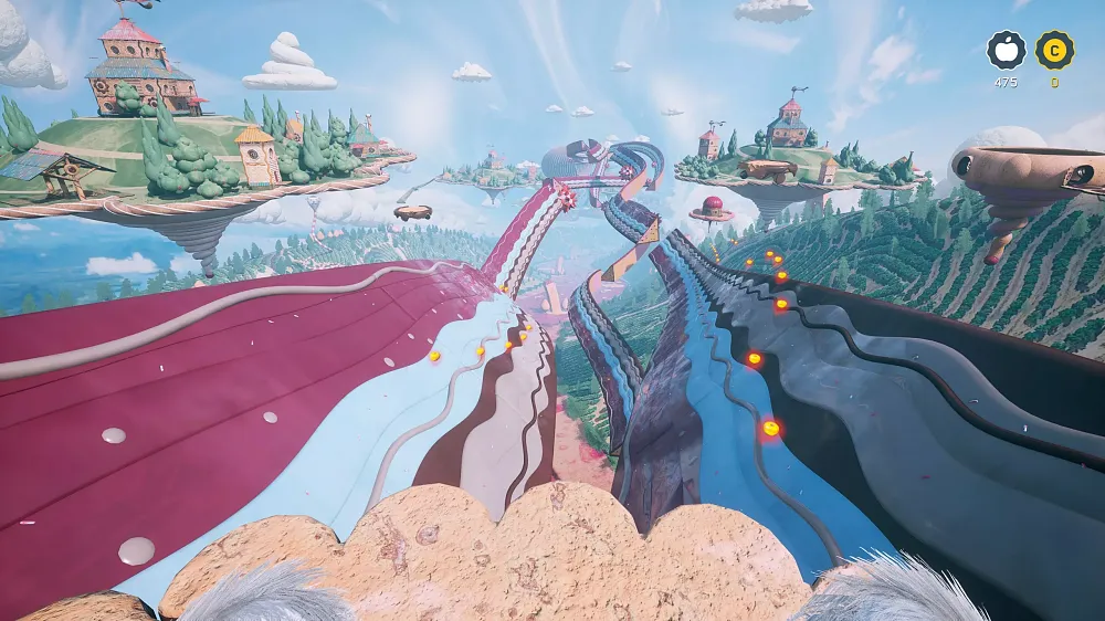 A colorful, trippy world full of shapes and slopes and apples to collect.