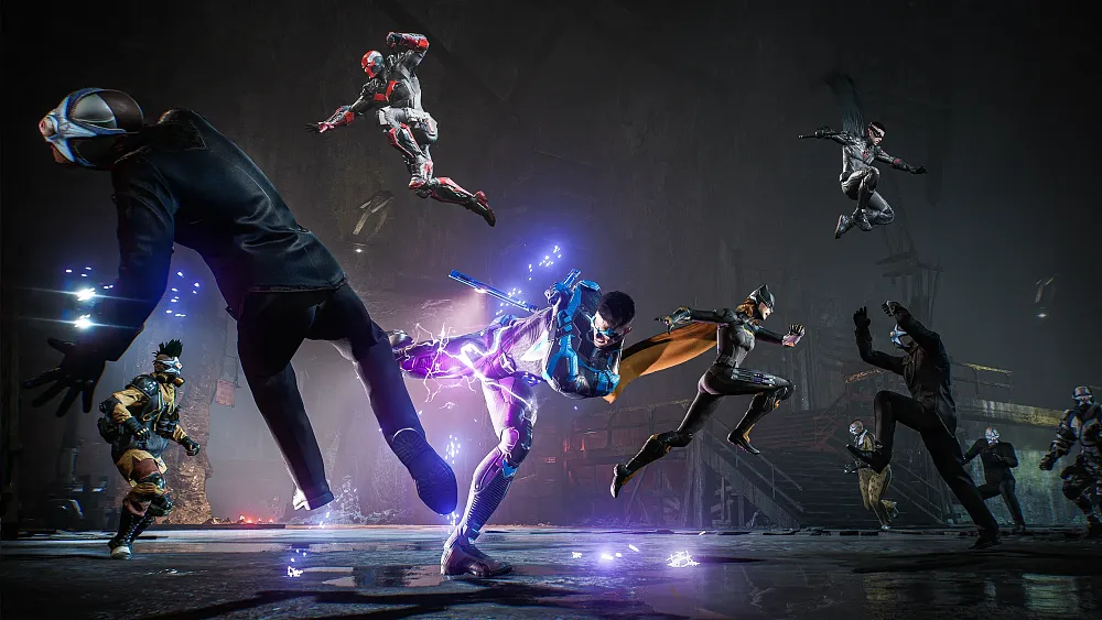 Image showing DC Universe superheroes jumping around and fighting evil henchmen