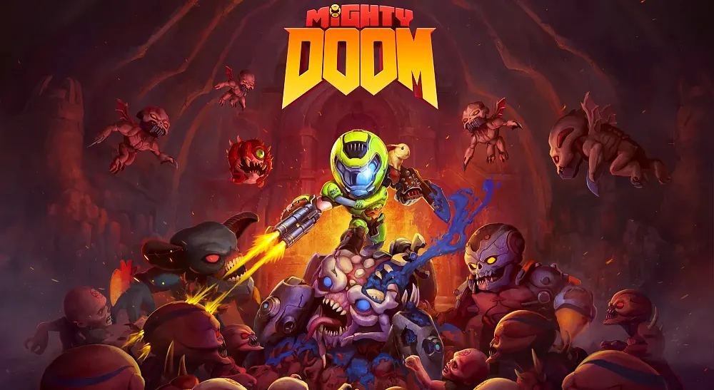 A space marine surrounded by and standing atop hordes of demonic creatures from hell. Text: Mighty Doom.