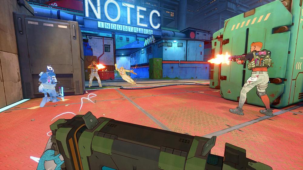 A cel-shaded competitive shooter. Two enemies are shooting at each other with weapons while other characters are displayed as holograms on the battlefield.