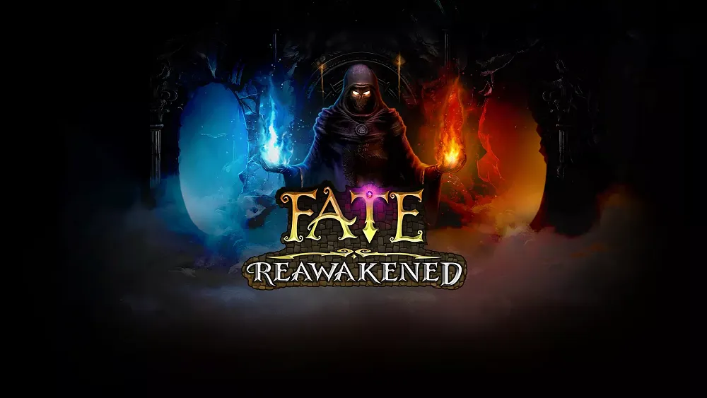 An evil mage or warlock holding a blue flame in one hand and an orange flame in the other hand. The title, FATE: Reawakened, is shown in a fancy font.
