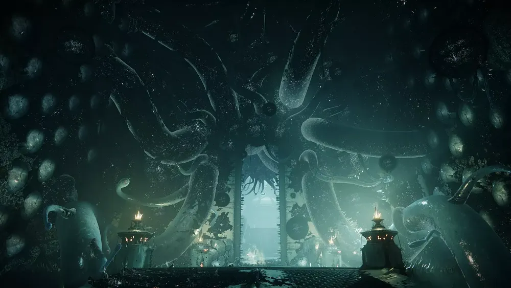 A view of a tall doorway with black tentacles and black goo all over the place.
