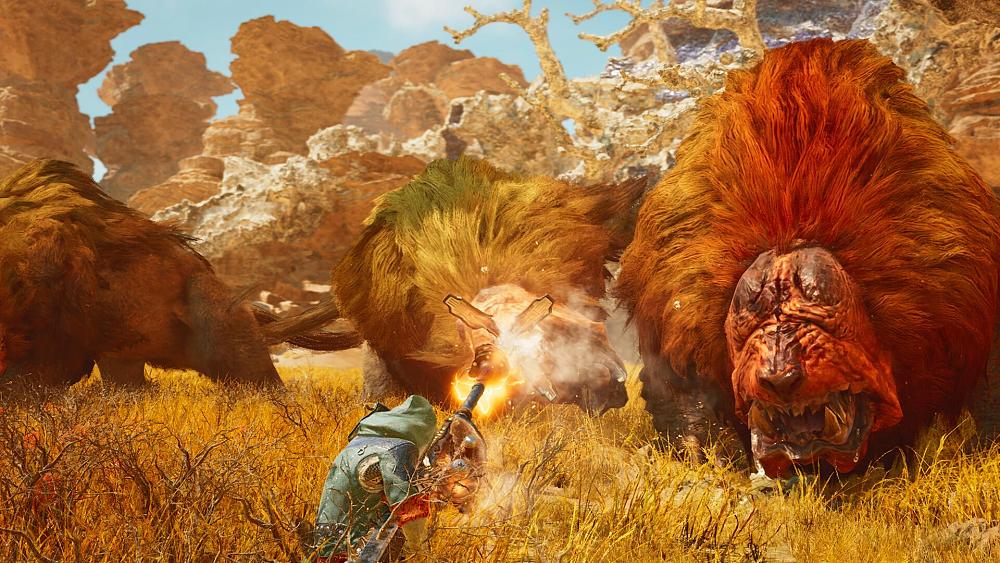 A hunter taking on a giant lion-like beast in Monster Hunter Wilds.