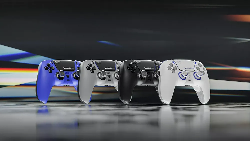 Four of the upcoming Phantom controllers from HexGaming. They look like custom PS5 controllers in blue, grey, black, and white.