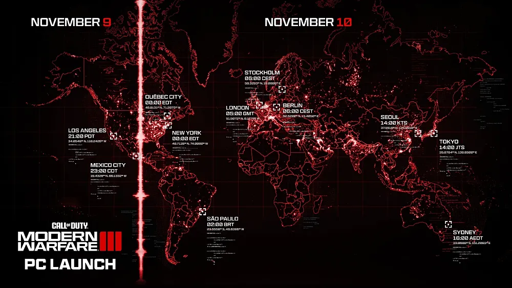 Map showing release times across the world for Call of Duty: Modern Warfare 3.