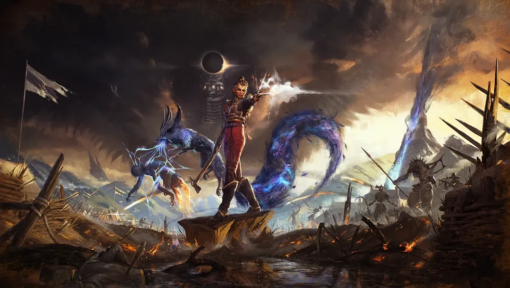 A badass looking woman holding an axe and firing a large flintlock rifle, surrounded by an army of the undead on a field of battle as a blue companion transforms into a dragon behind her.