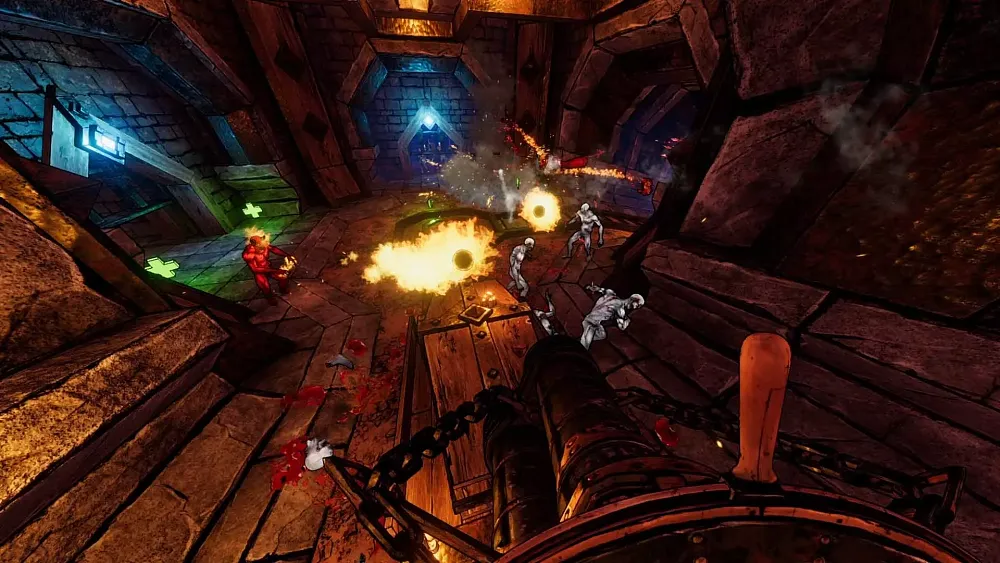Cel-shaded game visuals of a boomer shooter game showing various enemies from hell from the view of a person holding a multi-barreled weapon and looking from an elevated position.
