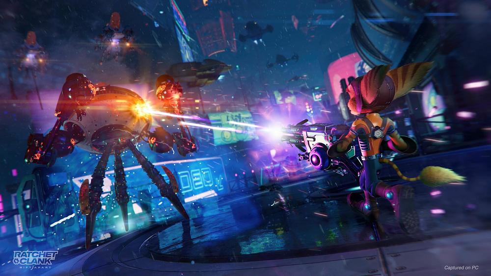 A furry creature firing a laser weapon at an enemy robot.
