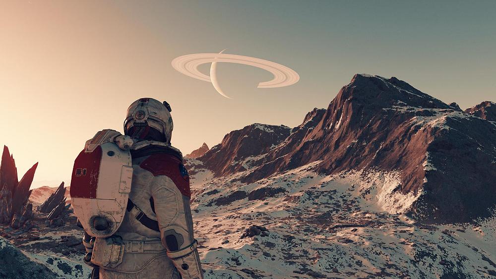 An astronaut standing on an alien planet.