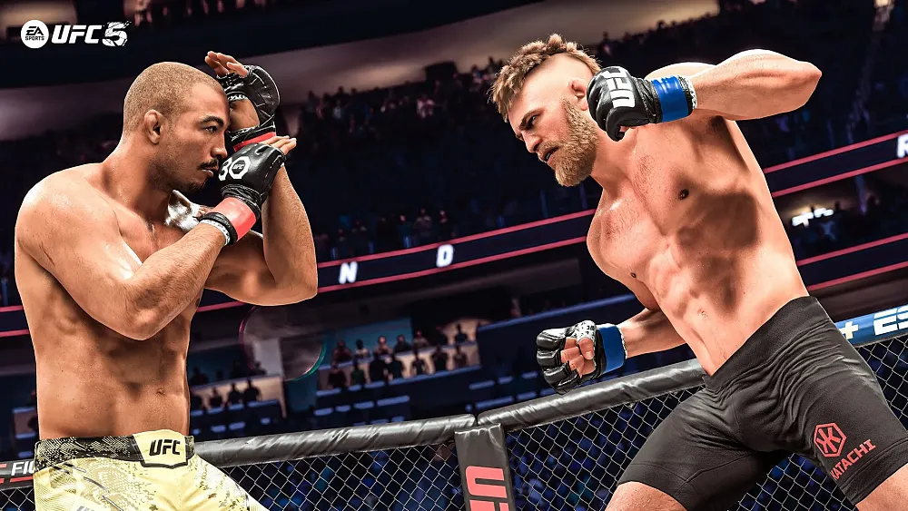 Two MMA fighters going at it in the ring.