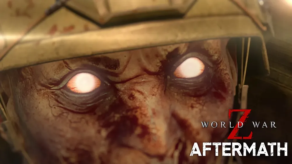 Extreme closeup of a zombie's face and eyes. Text: World War Z: Aftermath