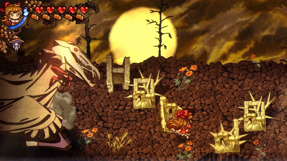 Pixel art game screenshot showing a girl running through a dangerous environment away from a winged skeleton creature