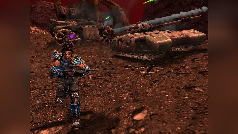 Screenshot of a blue armored character running next to armored vehicles from Unreal Tournament 2004