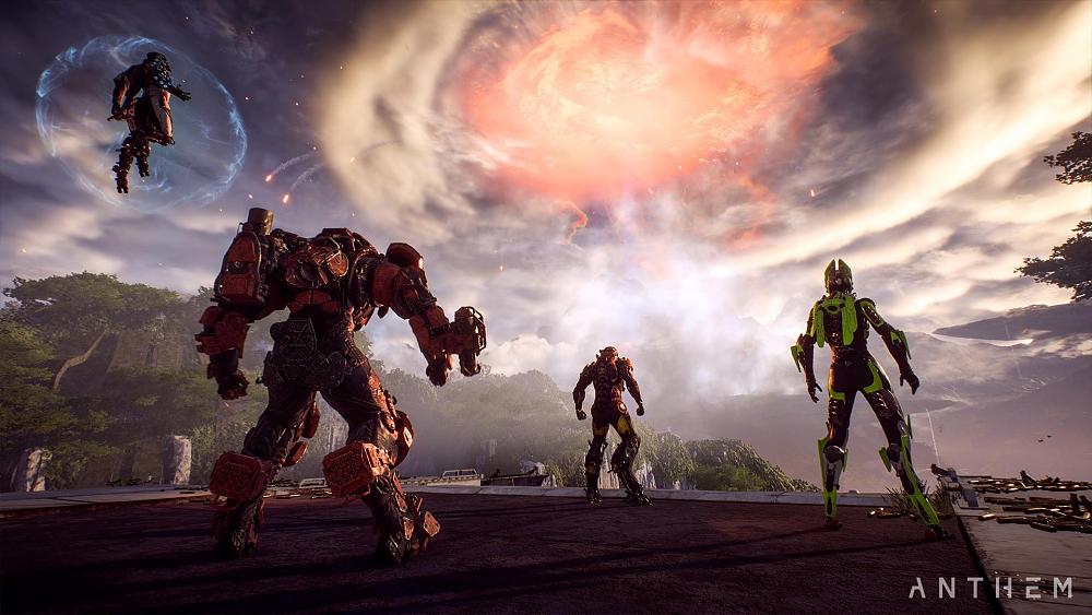 Four characters in flying, armored suits looking out at a atmospheric condition going on in the distance of some planet.