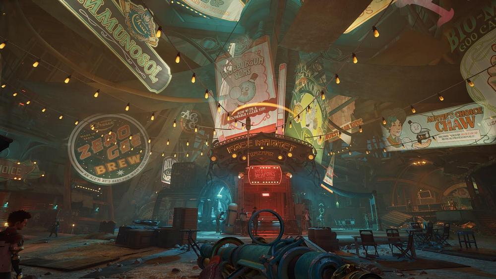 Screenshot from The Outer Worlds 2 showing the player looking at a central shopping bazaar adorned with numerous promotional billboards and ads.