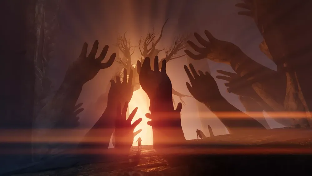 An area in The Final Shape expansion for Destiny 2 showing giant hands reaching out from the architecture.