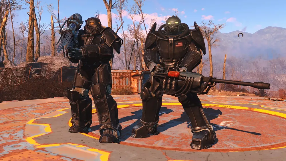Image showing two characters in power armor in Fallout 4.