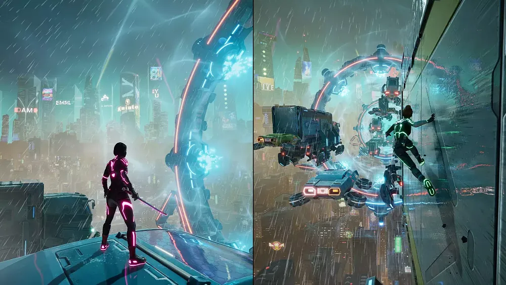 A split screen view of a game with one player on each side. The overall scene shows a futuristic sci-fi world with wall running, flying cars, and floating structures.