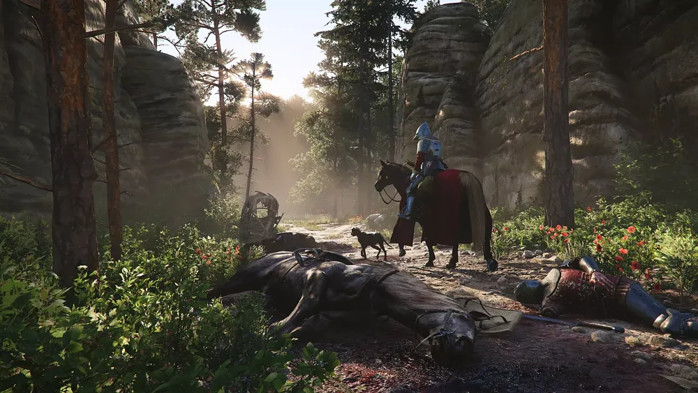 A medieval knight in armor riding on a horse through a forest trail. A dog trots along beside the rider. A dead body and a dead horse lay on the ground behind the knight.