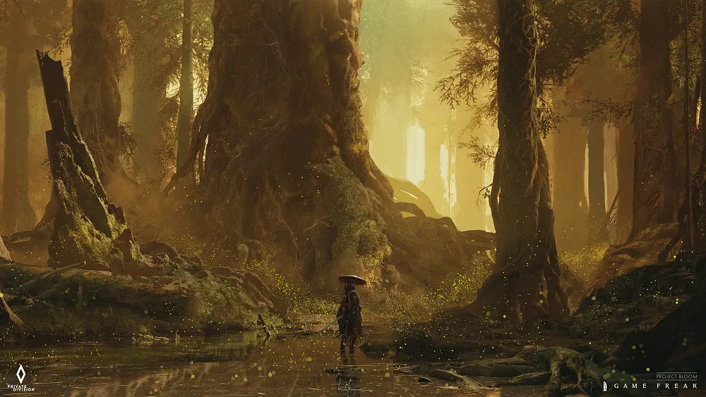 Concept art for Project Bloom from Game Freak. Shows a person with a wide brimmed hat standing in a yellow tinged forested area.