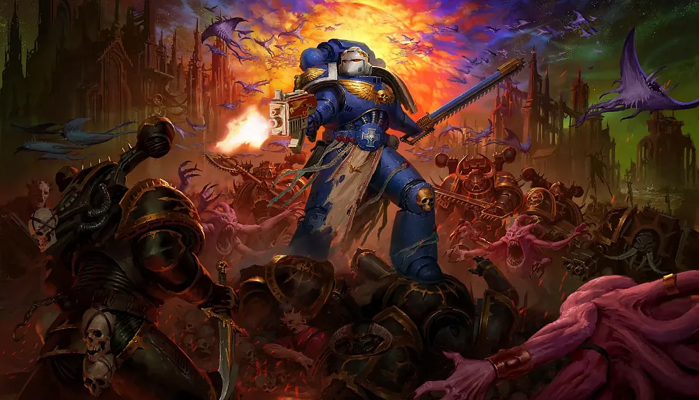Key art for Warhammer 40,000: Boltgun showing a heavily armored space marine standing atop a pile of enemy corpses.