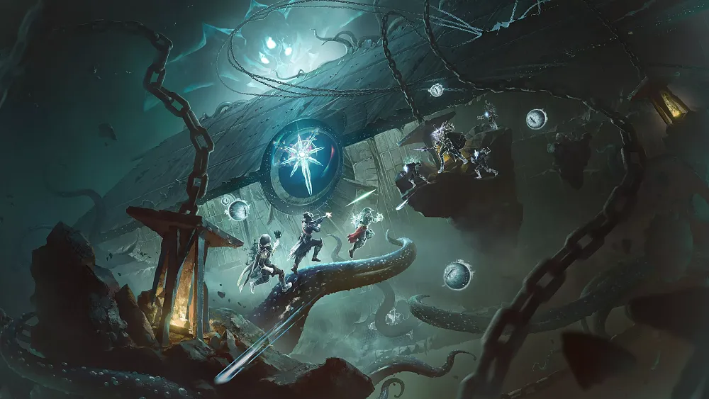 Key art for Destiny 2: Heresy Act 1. The image shows three sci-fi Guardians firing weapons and blasting out abilities against enemies on a floating rock in front of them. The background depicts a large alien ship and behind it looms a three-eyed alien with horns. There are several tentacles and chains floating around in space throughout the entire image.