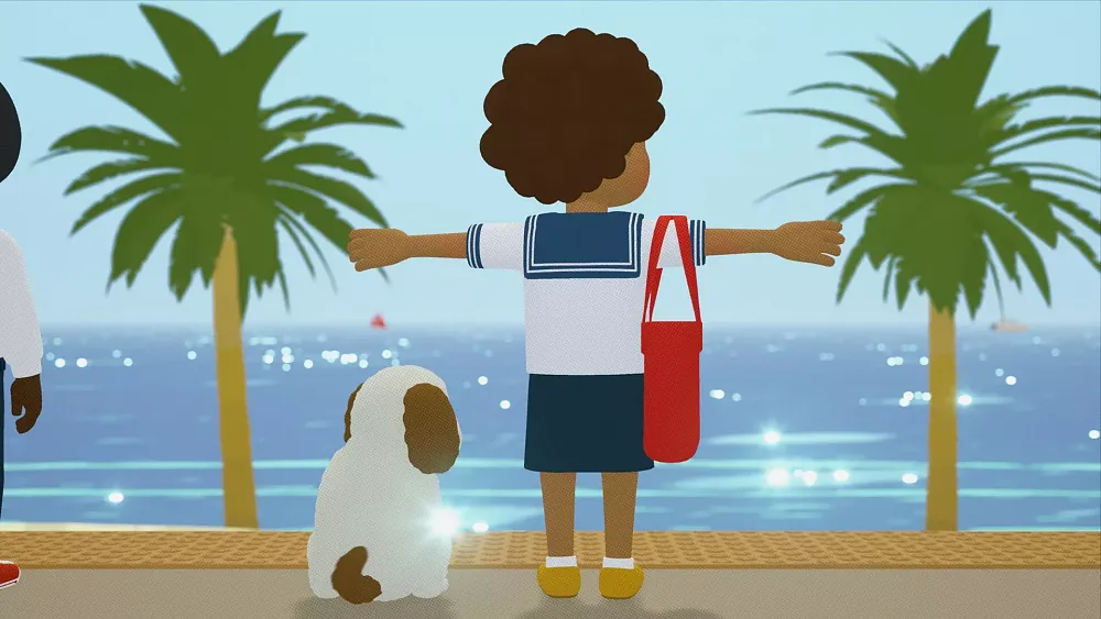 Back view of a teen in a T-pose. They're standing next to a dog. They are both looking towards an ocean that extends to the horizon.