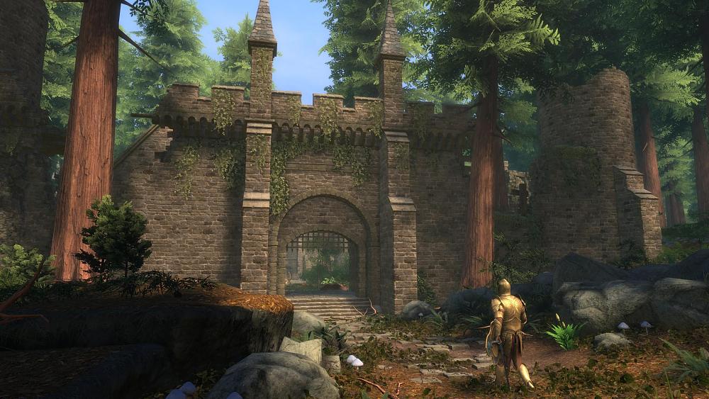 A knight in golden armor walking along a forested pathway towards an opening in a large stone wall.
