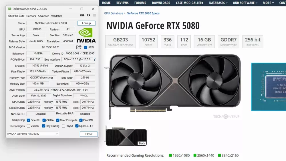 Screenshot showing GPU-Z with data showing 8 missing ROPs on an Nvidia GeForce RTX 5080 GPU.
